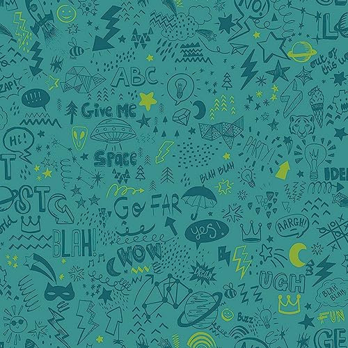 Holden Decor Doodle Teal Neon Yellow Wallpaper 13341 - Modern Hand Drawn Neon
