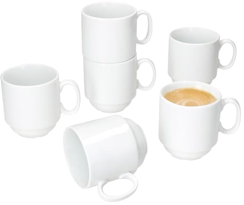 MamboCat Tommy - Lot de 6 tasses à café - 220 ml - En porcelaine blanche avec anse - Pour 6 personnes - Empilables pour boissons chaudes - Thé, cacao, latte macchiato et autres - Vaisselle à café