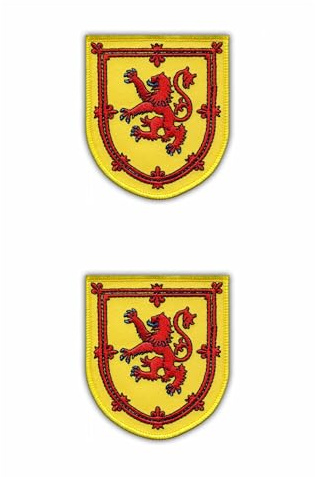 Uppsättning av två – Skottlands vapensköld – svart veicro/krok och ögla baksida – broderad lapp/märke/emblem