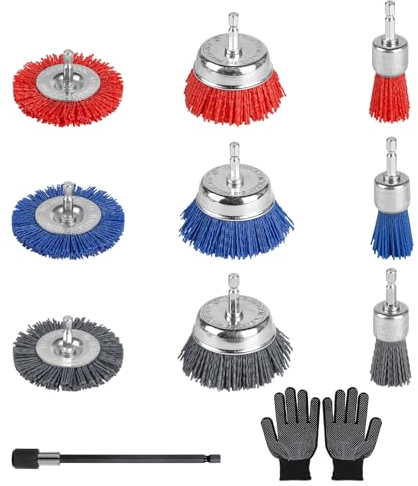 SWAWIS 9 Pezzi Spazzola Abrasiva Nylon Set, Spazzola In Nylon Per Trapano con 150mm Asta di Prolunga Esagonale, 3 Tipi di Spazzole per Rimuovere Ruggine Corrosione Vernice