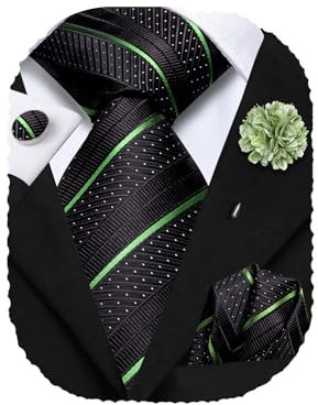 Hi-Tie Black Green Ties for Men Silk Striped Mens Ties and Flower Lapel Pin Pocket Square Necktie for Business Funeral