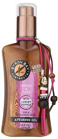 Byron Bay Australia loción para el sol spray de brillo de aceite seco – con brillo dorado de lujo para un brillo besado al sol – con antioxidantes – cuidado post-sol sin grasa, fragancia tropical de