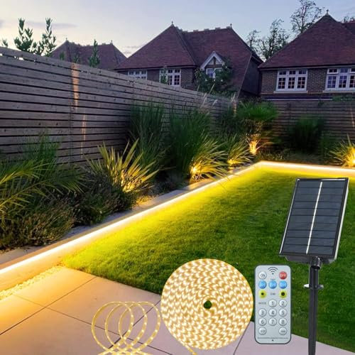 Solar LED Strip Lights Outdoor, 5M 320 LED Lights Strip with Remote 8 Modes Solar Garden Lights Outdoor Waterproof Rope Light for Fence Porch Gazebo Trees Backyard Decor(Warm White)