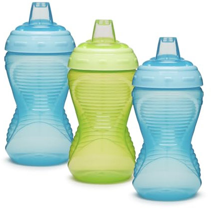 Munchkin Mighty Grip Cups | Trainer Toddler & Baby Bottle | BPA Free | Non Spill |Leakproof | Baby Weaning Cup from 9+ Months | Toddler Bottle 10oz/296ml| 3 Pack | Blue & Green