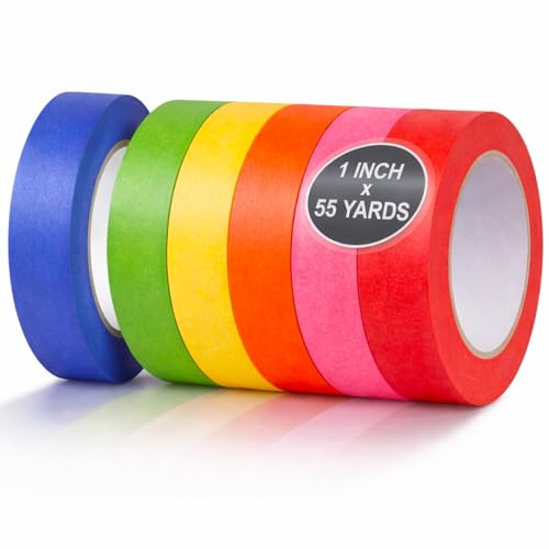 SWRT Colored Masking Tape 6 Pack, 1 Inch x 55 yd, Vibrant Rainbow Craft Tape, Colored Painters Tape, Paper Tape for Art, Labeling, Teacher Supplies, Tape for Kids Decorations & DIY Projects