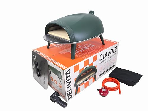 Delivita Diavolo Gas Pizza Oven – Portable, Lightweight – Cooks Pizza in 60-90 Seconds at 450°C – Includes Folding Peel, Carry Case, Temperature Gun, and Gas Regulator – 10.5kg – Green