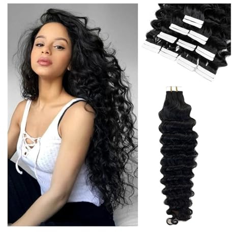 Lisse Bande de vague profonde dans les extensions de cheveux cheveux humains Jerry bouclés noir naturel ruban adhésif double face invisible dans la trame de la peau Extensions de cheveux humains réels