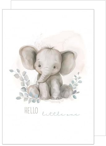 Edition Seidel A4-E1001 Tarjeta de felicitación XXL Maxi Premium para nacimiento con sobre Formato DIN A4. Tarjeta de felicitación para bebé con texto en inglés Hola pequeño Niño Niña Elefante