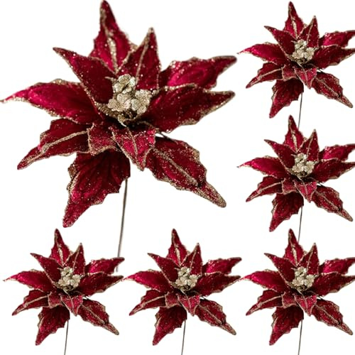 Hbbgdiy 6 st konstgjorda julstjärnor blommor 28 cm julblommor med glitterpulver för julgransdekorationer, nyårsfest heminredning konstgjorda helgdekorationer, vinröd