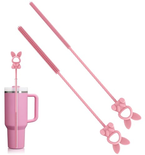 Silikonhalmborste, 6 mm och 9 mm sugrörsrengöringsborste, kompatibel med glas, metall och plastsugrör (2, rosa, kanin)
