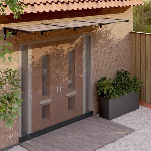 Black Polycarbonate Door Canopy Awning 141.1 x 35.4 in Durable Translucent Design for Entryway Protection and Modern Facade Enhancement, Includes All Installation Parts