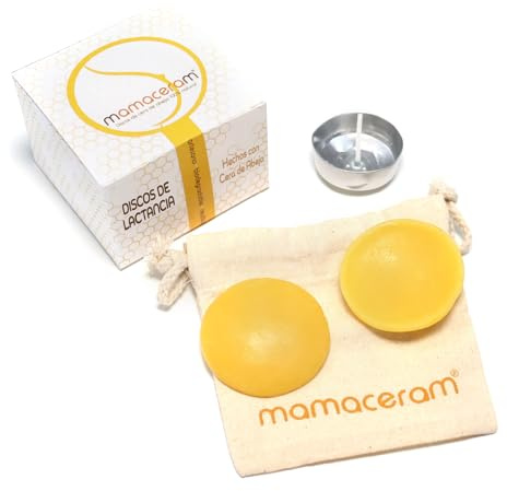 MamaceraM Discos de Lactancia de Cera de Abeja 100% Natural - Pezoneras Lactancia Avaladas Científicamente, Alivian Grietas y Protegen el Pezón. Fabricados en España - Pack 2 unidades