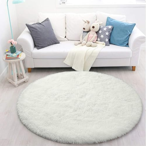 Tinyboy-hbq Tappeto Shaggy Rotondo Tappeti Soggiorno Pelo Lungo Adatto per Tappeto da Soggiorno Soffice Cuscino Rotondo per Divano con Moquette Antiscivolo(Bianco, Diametro 140 cm)