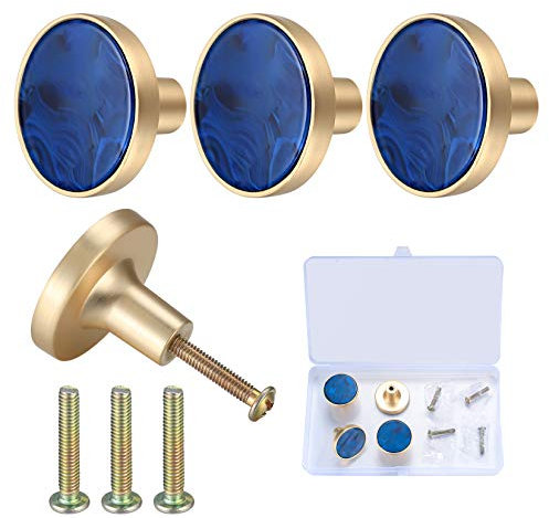 Lot de 4 boutons de porte ronds en forme de champignon pour armoire, tiroir, armoire, commode, cuisine, salle de bain – Bleu et doré