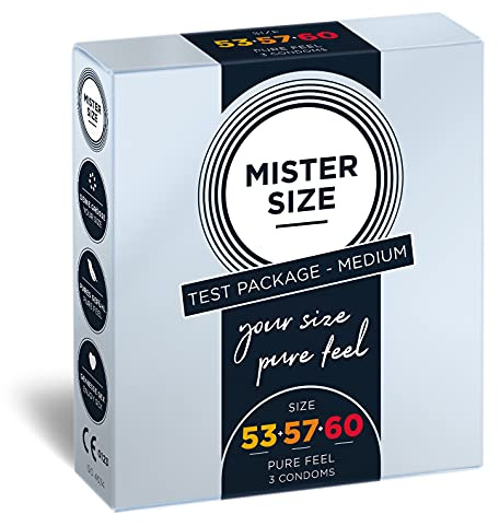 MISTER SIZE Paquete de prueba de preservativos – paquete mediano – 3 unidades (53 – 57 – 60 mm) / preservativos sensibles, finos y húmedos, látex de caucho natural 100 % natural / sensación natural