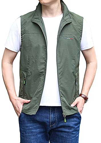 DAIHAN Herren Sommer Outdoor Weste Leicht Atmungsaktiv Anglerweste Ärmellos Jacke Leicht Safari Weste Multifunktionsweste Camping Vest Jagd Angeln Wandern Funktionsweste,Armeegrün,M