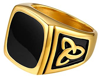 JewelryWe Smycken herrring, irländska triangulära knutar Trinity keltisk knut sigillring rostfritt stål emaljringar, svart silver/guld, Rostfritt stål