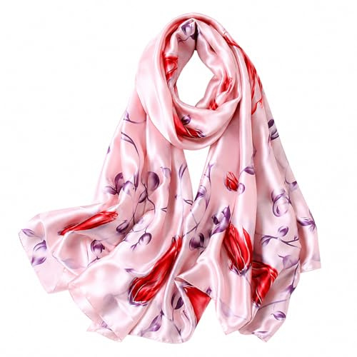 FAIRYGATE Silk Scarf Scarves for Women Sale Shawl Satin Neckerchief Long Head Wrap Ladies Hijab Vintage Painting Bridal Shawl Colourful Cloth Floral Scarfs Pink 79021