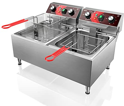 EGGKITPO Deep Fryers Stainless Steel Commercial Deep fryer with Timer Dual Tank Electric Deep Fryer with 2 Baskets Large Capacity 10L X 2 Electric Countertop Fryer for Restaurant and Home, 120V 3600W