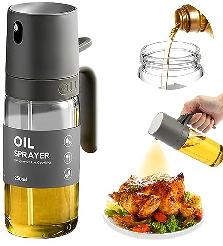 Spruzzatore Olio Spruzzino Olio per Friggitrice Aria 250 ml, Nebulizzatore Olio, Olio Spray per Friggitrice Ad Aria, Spray Olio Cucina per Cucinare, Grigliare, Cuocere al forno, Insalata (Grigio)