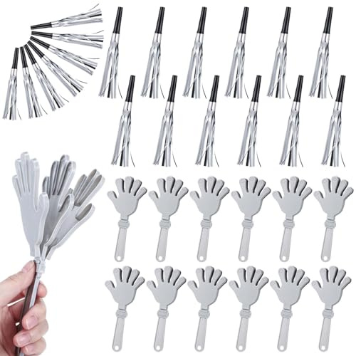 Motionchic 24 Pack Hand Clappers Noisemakers, Include 12 Large 7 Hand Clappers, 12 Party Horns and Blowers Noisemaker Toys for Xmas 2026 New Year's Eve Party Supplies(Silver)