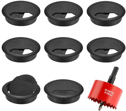 Lot de 8 passe-câbles de bureau - Passe-câbles de 60 mm avec 1 scie cloche, sortie de câbles - Noir - Passe-câbles - Pour table, bureau, plan de travail