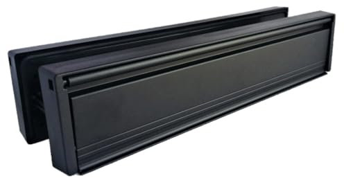 Betley Butterfly Boîte aux lettres noire de 30,5 cm avec brosses anti-courants d'air, boîte aux lettres en UPVC noir mat avec manche télescopique avec porte de 40 à 80 mm d'épaisseur