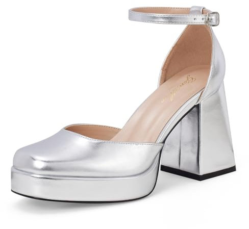 GENSHUO Damen-Pumps mit klobigem Plateauabsatz 10 cm geschlossene quadratische Zehenabsätze mit Knöchelriemen Kleid Hochzeit Party-Schuhe, Silber, 42 EU