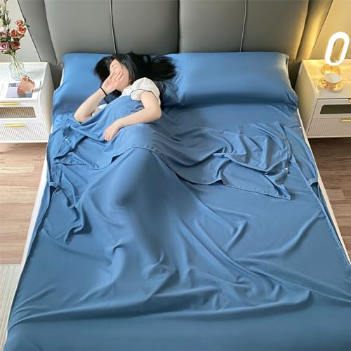 Highdi Saco de Dormir Ligero, Saco de Dormir Doble Adulto con Compartimento para Almohada Sábana de Camping Portátil Ultraligero para Viaje y Hoteles en Verano