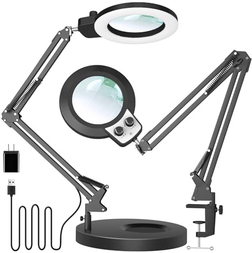 KIRKAS 12X Magnifying Glass with Light and Stand, Any Color Modes & Stepless Brightness LED Magnifying Lamp with Clamp, 2-in-1 Magnifier Glass Lens Desk Lamp for Crafts Reading(12X Ring Base & Clamp)