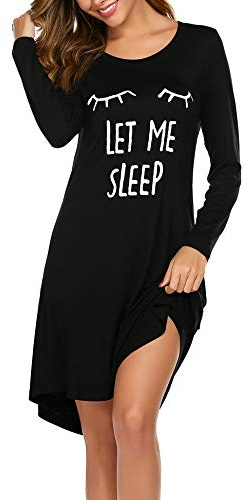 Ekouaer Women Nightgown Long Sleeve Cute Print Sleepshirts Soft Knee Length Pajama SleepwearBlack S