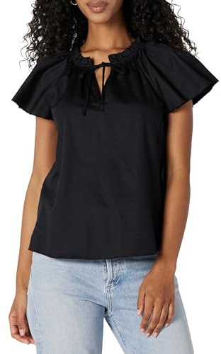 Amazon Essentials Chemisier à Manches flottantes en Satin de Coton Coupe décontractée pour Femme, Noir, Taille M