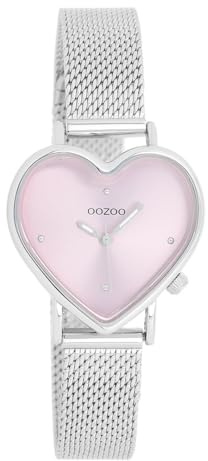 Oozoo - Timepieces Damen Uhr in Silber/rosa | Armbanduhr Damen mit Edelstahlarmband | Moderne Uhr für Frauen | Edle Analog Damenuhr in Herzform C11414 (28x29mm Gehäuse)