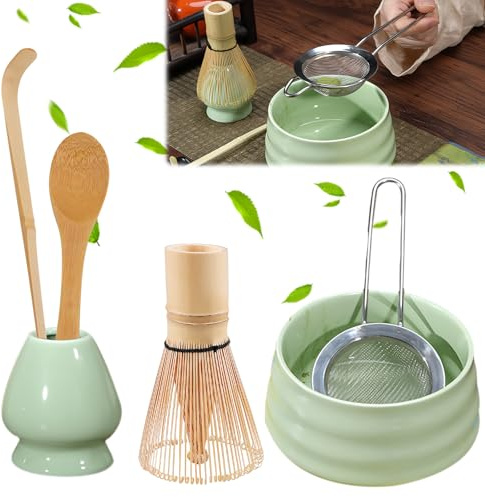 PRITOK Reusable Matcha Making Kit: 6 Pcs Matcha Whisk Set with 550ml Ceramic Matcha Bowl and Bamboo Matcha Whisk, Scoop, Spoon, Sifter, Whisk Holder, Japanese Matcha Tea Set for Tea Lovers (Green)
