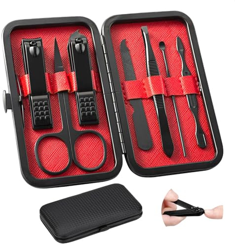 Manicure Set, 7 PCS Nail Care Kit, Nail Clippers Kit Nail Clippers Pedicure Kit Portable Nail Trimming set for Men Women Friends and Parents (Black & Red)