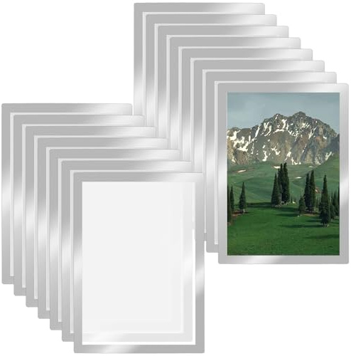 FUNSUEI 15 stycken magnetram A4 självhäftande, magnetiska fotoram silver, informationsram magnetisk diamantmålningsram för väggmontering foton, informationsram