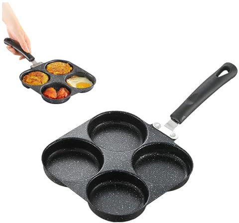 Leseogye Egg Frying Pan, 4-Hole Non-Stick Egg Pan, Maifan Stone Coating Omelet Skillet with Handle for Breakfast Steak Pancakes Burgers, Small Frying Pan for Induction Hob Stove Gas