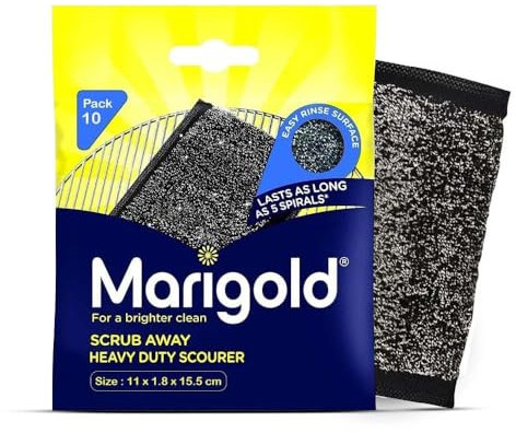 Marigold Scrub Away Heavy Duty Scourer Sponge 10 Pack – Non Scratch, Easy Grip Stainless Steel Scrubbing Scouring Pad for Washing Up, Cleaning Pots & Pans