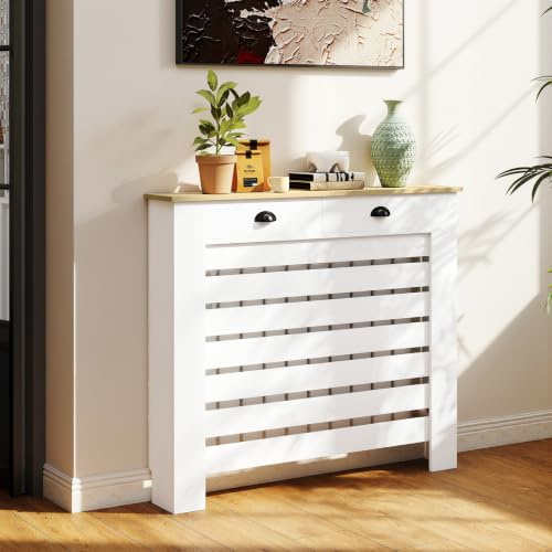 HOMCOM Cubre Radiadores con Cajón de MDF 111x19x95,5 cm Blanco | Cubreradiador, Cubierta para Radiador, Diseño Moderno de Listones, Salón, Dormitorio