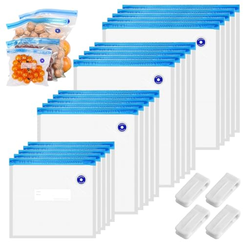 20 Pièces Sac Sous Vide Alimentaire Reutilisable, 4 Tailles Sac Congelation Sous Vide avec 4 Clips de Scellage, avec Valve, Zip, pour Le Stockage des Aliments, pour Conserver Les LéGumes, Les Fruits