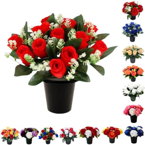 Homesecret Pack 1 Artificial Flowers for Graves in Pots 25cm | 12 Head Red Grave Flower Pots for Christmas | Luxury Memorial Flowers for Graves, Funerals & Lasting Tributes | All Season Displays