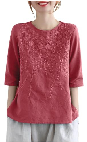 Ladies Tops, Cotton Linen Tops for Women UK Summer Linen Shirt 2026 Retro Jacquard Casual 3/4 Sleeve T Shirts Dressy Lightweight Ethnic Style Embroidery Blouses Gauze Tees Boho Tunics
