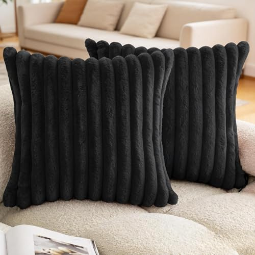 MINWEGI 2 Pack Pure Black Square Cushion Covers for Sofa and Bed