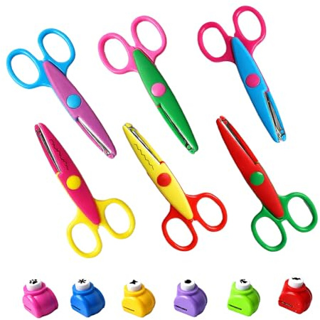 NYVOR Lot de 6 ciseaux zigzag et 6 perforateurs de papier pour enfants, 6 formes de coupe différentes, ciseaux de bricolage, ciseaux ondulés, ciseaux zigzag pour papier pour maternelle, débutants