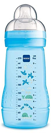 MAM Baby Bottle, 2-4 Months, 270 ml, with Teat 2 Medium Flow Silicone Easy Acceptance, Easy to Hold, Easy to Clean, MAM Easy Active, Bright Blue, Pack of 1