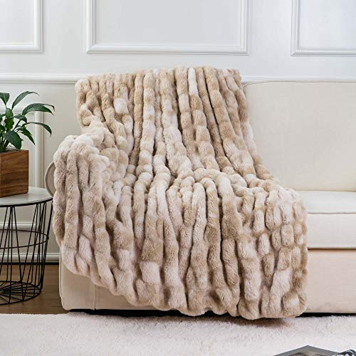 BATTILO HOME Ruched Luxury Faux Fur Throw Blanket Beige Tie-dye Rabbit Fur Blanket for Couch, Living Room, Fuzzy, Soft, Plush, Cozy, Elegant with Reversible Mink Blanket Beige, 60x80