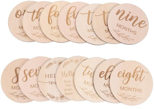 NUOBESTY Baby Monthly Milestone Cards, 14pcs Newborn Milestone Baby Sets, Monthly Milestone Cards, Wooden Milestone Discs, First Year Growth Cards Newborn Photo Card Props