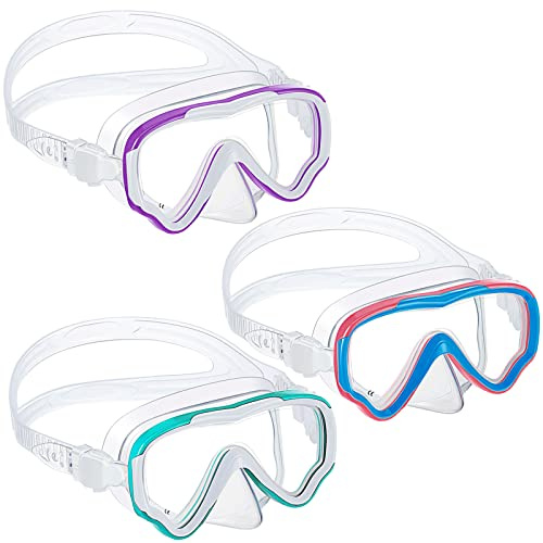 Yexiya 3 Pack Kid Snorkel Diving Goggles with Nose Cover Swimming Snorkel Goggle for Kids 3-12 Adjustable Strap Tempered Glass No Leak Wide View Swim Goggles for Snorkeling, Swimming, Pool, Beach