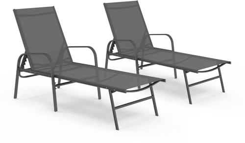 IDMarket - Lot de 2 transats de Jardin inclinables Fidji en Acier Gris Anthracite et Toile Grise