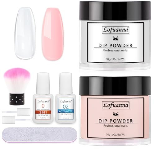 lofuanna Dip Powder Nail Kit-30g Clear&Pink Dipping Powder Starter Kit with 2 IN 1 Base&Top Coat and Activator,No UV/LED Needed,Easy Apply Nail Art Manicure Set for Beginners